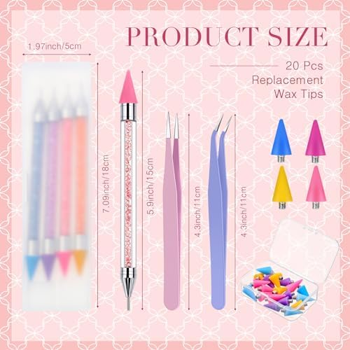 Tatuo 26 piece rhinestone applicator set laid out with twenty replacement tips and two stainless steel tweezers
