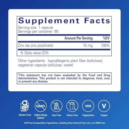 Pure Encapsulations Zinc picolinate supplement supplement facts label showing ingredients