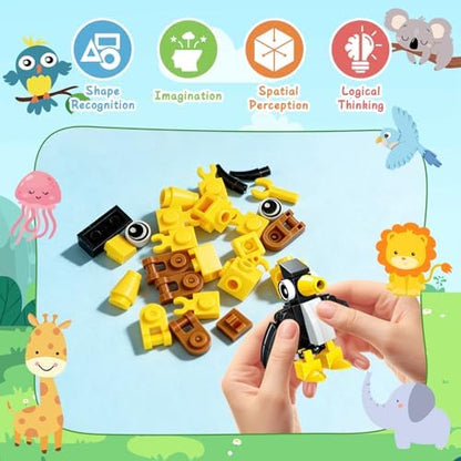 Instruction booklet demonstration showing how to transform one block set into three different animals