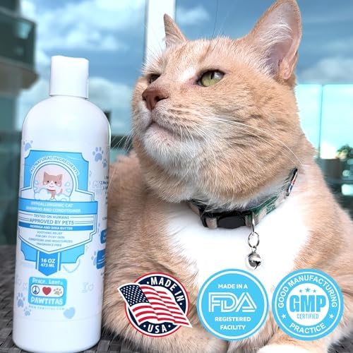 Orange tabby cat sitting alertly beside the cat shampoo bottle packaging