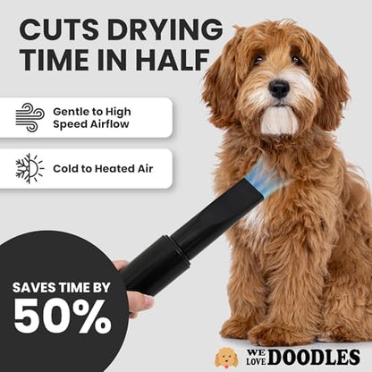 Black dog hair dryer with adjustable temperature dials