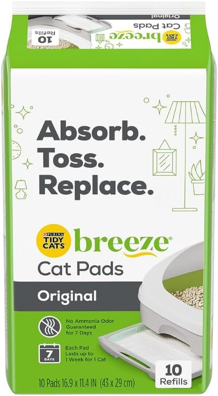 Ten count pack of authentic Purina Breeze original cat pads designed for odor control