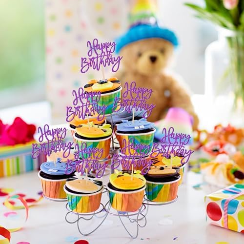 Top view of purple glitter cupcake toppers for anniversary party