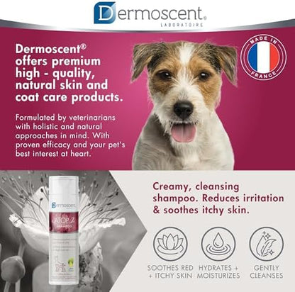 Dermoscent Atop 7 pet treatment shampoo back label with detailed ingredients list