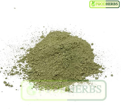 Close up of 100% pure Aegle marmelos herbal powder highlighting its fine green texture for digestive health.
