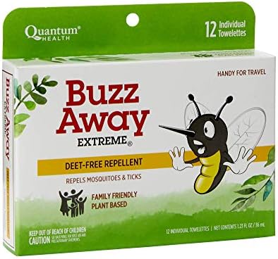 Individually wrapped Quantum insect repellent wipes displayed outside the main 12 count travel packaging.
