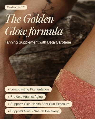 Close up view of Ecosh Golden Skin tanning pills bottle highlighting key ingredients like beta carotene and lutein.