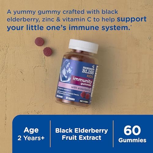 Mommy's Bliss Kids Elderberry 60 count supplement bottle showing vitamin c and zinc benefits.