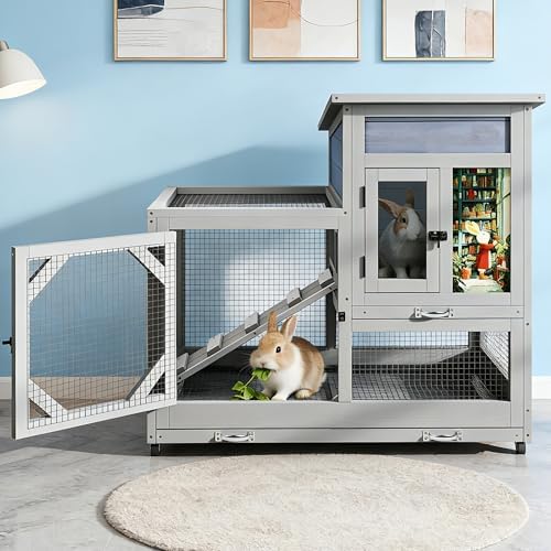 COZIWOW Rabbit Hutch Indoor Outdoor with No-Spill Design, 2 Wire Floors & Removable Trays, 2-Story Large Wooden Bunny Cage on Wheels, Chewproof Ramp for Multiple Small Animals, Gray - Image 2