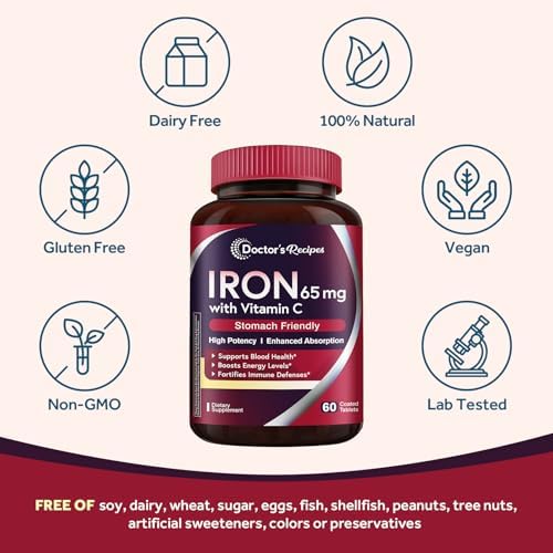 Doctor's Recipes Iron Supplement 60 coated tablets premium imported packaging overview