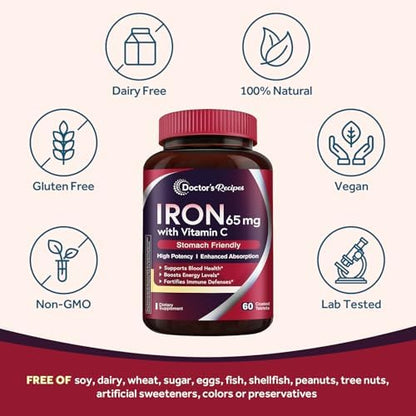 Doctor's Recipes Iron Supplement 60 coated tablets premium imported packaging overview