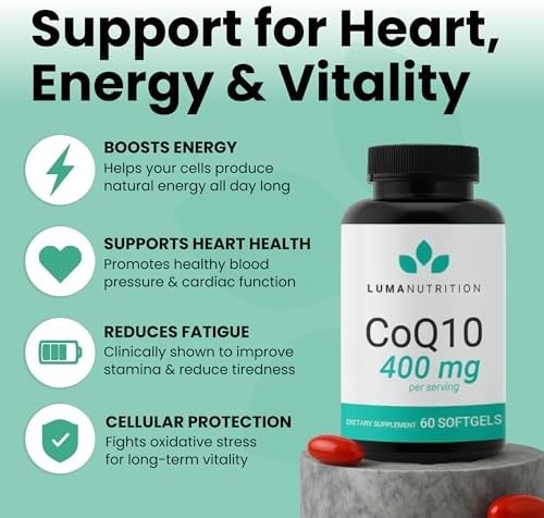 Luma Nutrition premium coenzyme Q10 sixty liquid softgels supplement information label