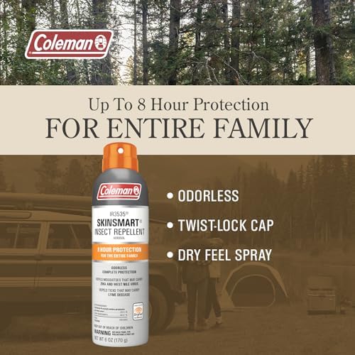 Odorless Coleman non DEET mosquito spray canister displaying product features and weight