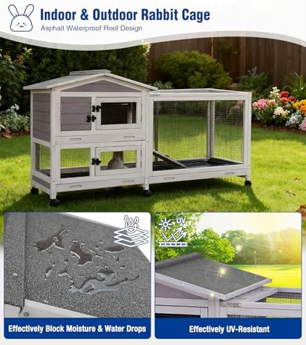 Large Rabbit Hutch Indoor, Bunny Cage Outdoor with Chew-Proof Ramp, 2-Story Guinea Pig Cages with 6 Wheels, 3 Pull-Out Trays, Waterproof Asphalt Roof, 62" L - Grey - Image 6