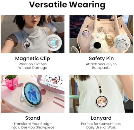 Pin Tura wearable digital badge displaying personal photo artwork via smartphone Bluetooth app control.
