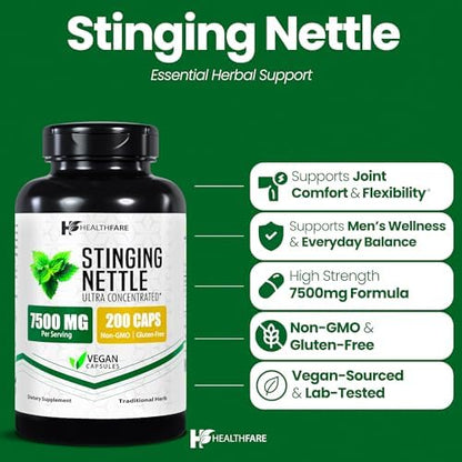 HealthFare Stinging Nettle root extract supplement bottle showing the 10 to 1 concentration ratio