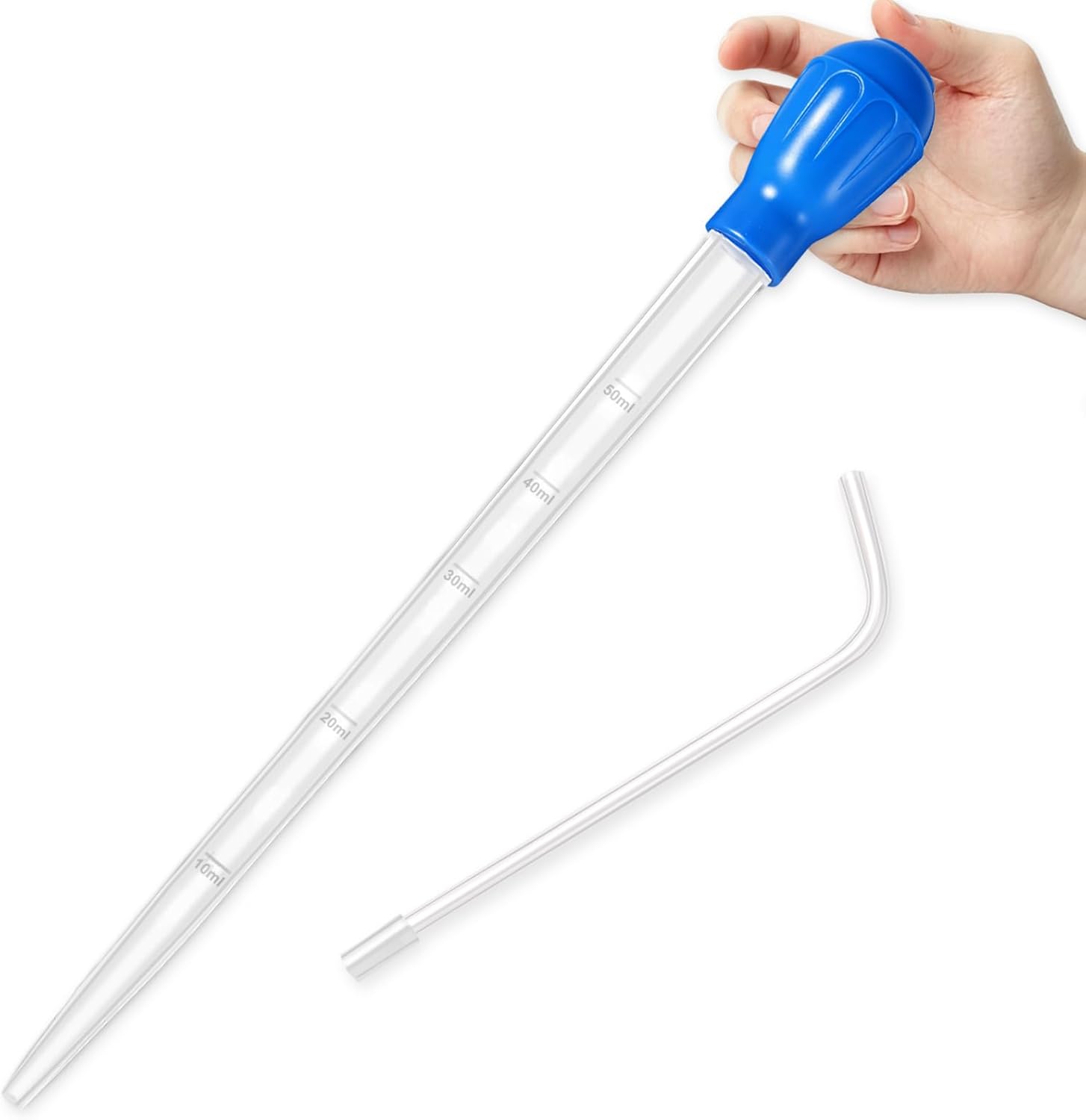 Depeew extra long aquarium turkey baster front view showing blue bulb and fifty milliliter pipette tube
