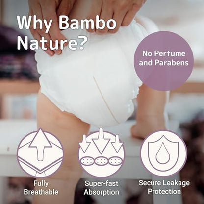 Bambo Nature Premium Baby Diapers showing the color-changing wetness indicator stripe and flexible tape tab closures.