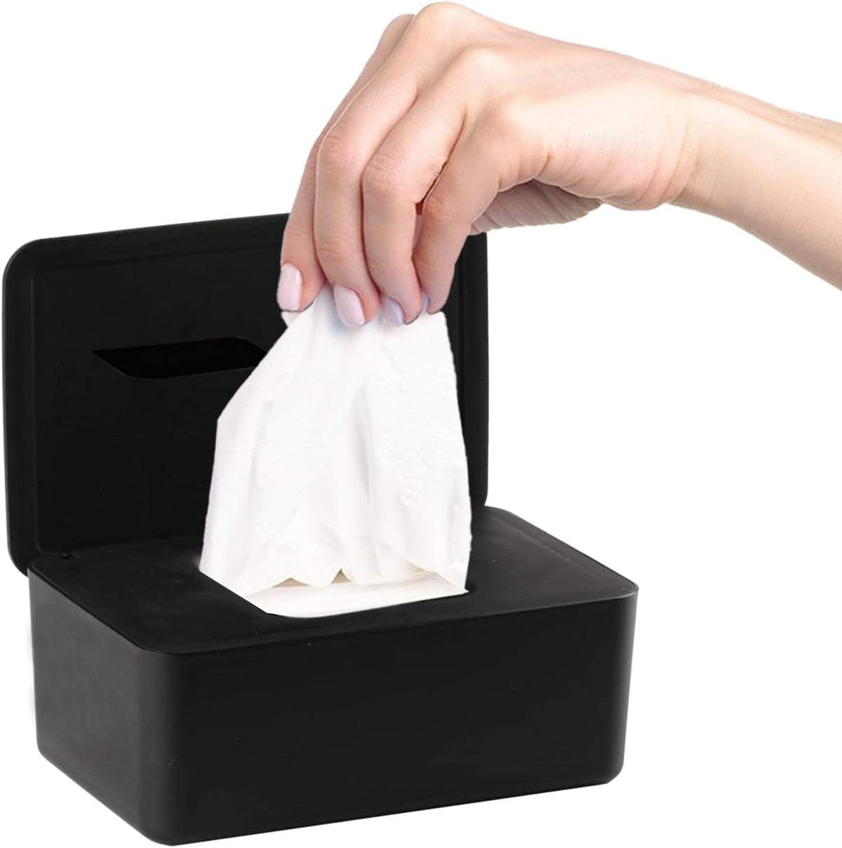 QBXMY7 diaper wipes dispenser front view black container