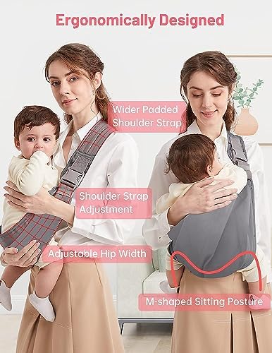 Adjustable baby wrap carrier showcasing the secure buckle system and reinforced nylon strap close-up.