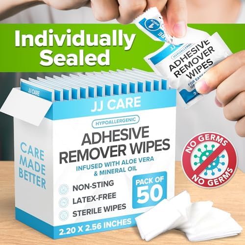 JJ CARE adhesive remover wipes box and individual sachet display