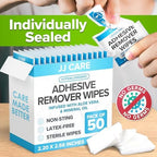 JJ CARE adhesive remover wipes box and individual sachet display