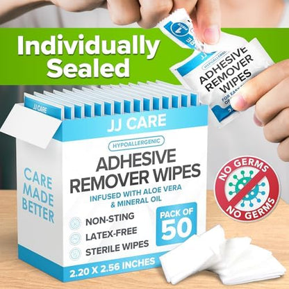 JJ CARE adhesive remover wipes box and individual sachet display