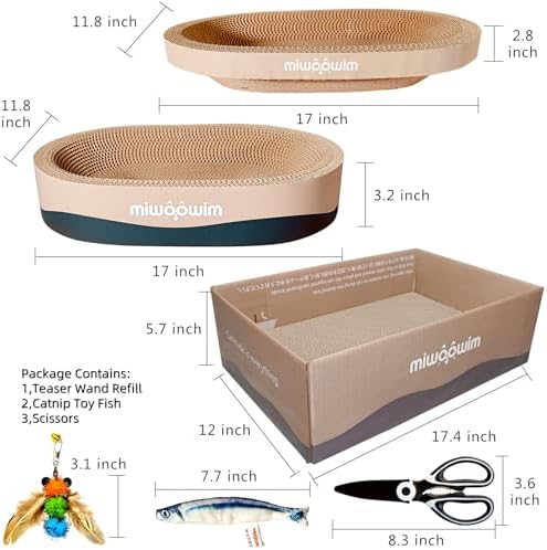 Miwoowim cardboard cat scratching pad bundle with included catnip toy fish and play accessories