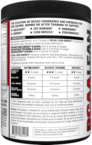Supplement facts panel of EVL BCAA Lean Energy showing green tea and amino acid profile.