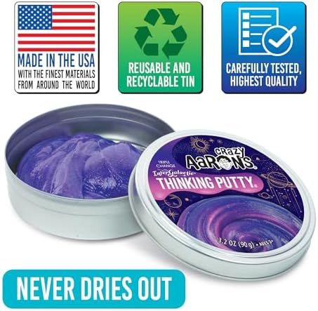 Crazy Aaron's brand thinking putty packaged in its genuine protective round metal tin showing product collection details