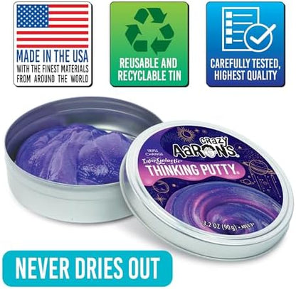 Crazy Aaron's brand thinking putty packaged in its genuine protective round metal tin showing product collection details