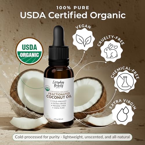 USDA certified organic fractionated coconut oil glass dropper close up showcasing clear liquid texture