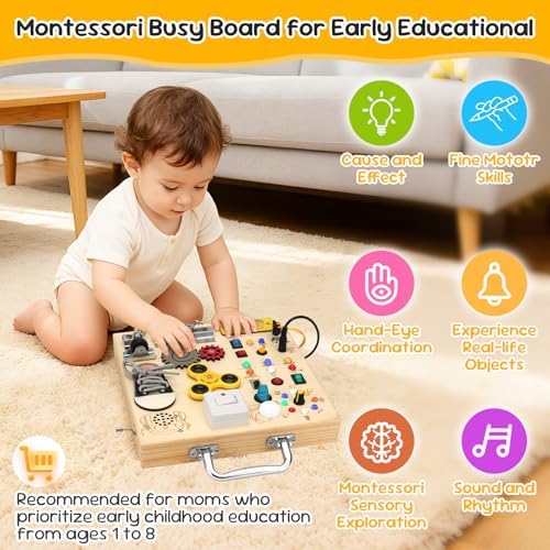 Toddler sensory board displaying lit up colorful LED lights and manual gear turning activities.