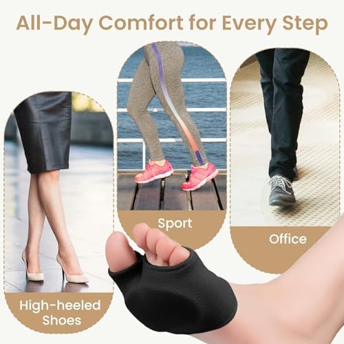 Breathable forefoot support sleeve with internal silicone gel pad for metatarsalgia.