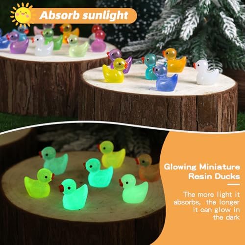 Close up view of 20 assorted colors of mini resin ducks.