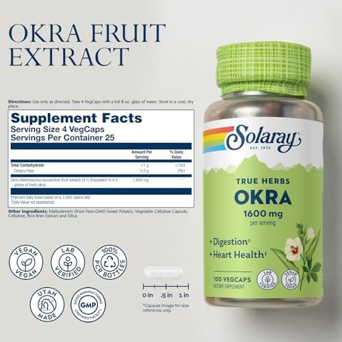 Back label of Solaray Okra Fruit 1600mg displaying clear usage directions and vegan seals.