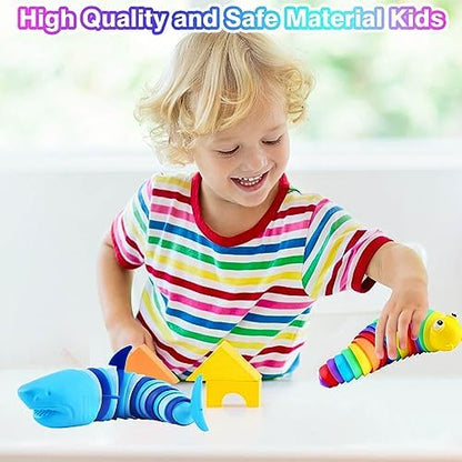 Close up of rainbow colored articulated sensory slug toy