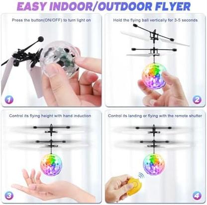 Ocditikl rechargeable flying ball illuminating a dark room with bright neon RGB lights.