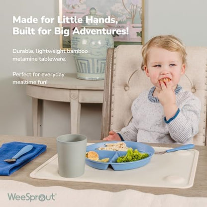 WeeSprout kid safe bamboo plates stacked for storage