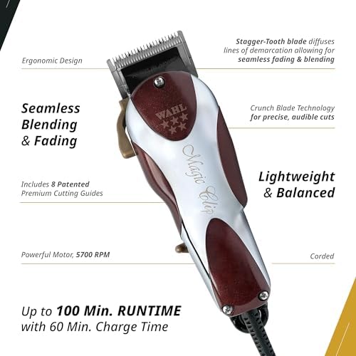 Wahl professional corded electric hair clipper showing close-up of the zero overlap chrome blades.