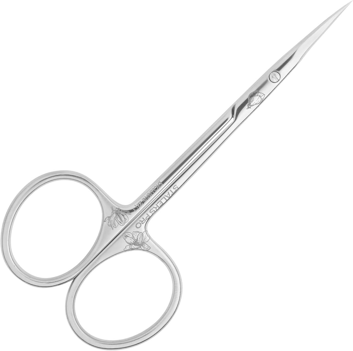 Staleks Exclusive 22 Type 1 Cuticle Scissors front view showing magnolia engraving and straight handles for professional manicures.