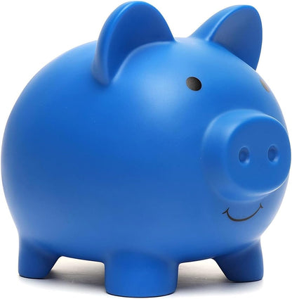 XDRELEC shatterproof plastic piggy bank front view showing cute dark blue smiling face design