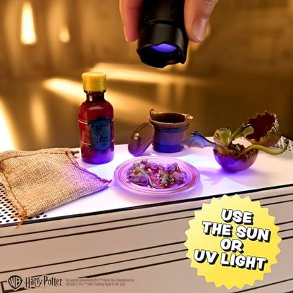 Assembled MGA's Miniverse Harry Potter miniature items displayed inside the transformed classroom capsule.