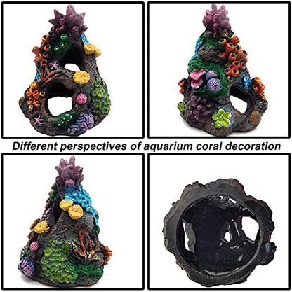 Real product packaging setup of the two pack fish tank mountain cave hideaway ornaments.