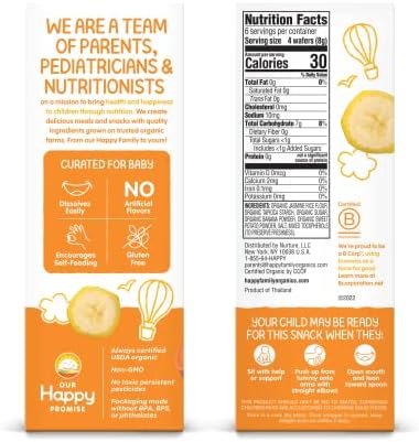 Back panel of Happy Baby Organics teething wafers showing age readiness guidelines and instructions