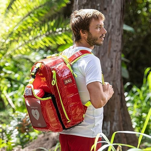 Reinforced Stand-Strong bottom panel of the red Statpacks AED backpack on a flat surface.