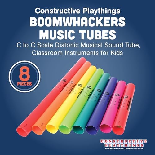 Color coded C major scale musical sound tubes for children arranged from longest to shortest