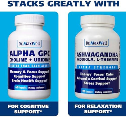 Dr. Maxwell dual formula dietary supplement bottle demonstrating cGMP quality assurance.