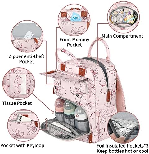 Premium pink designer diaper backpack showing side pockets for water cups and wet tissues.