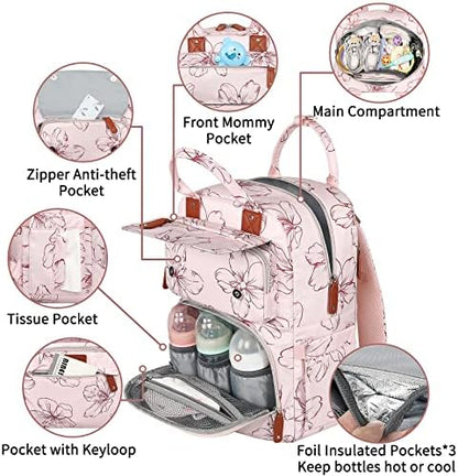 Premium pink designer diaper backpack showing side pockets for water cups and wet tissues.